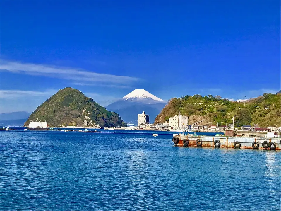 Mt. Fuji and Awashima island across the bay, Numazu, Shizuoka