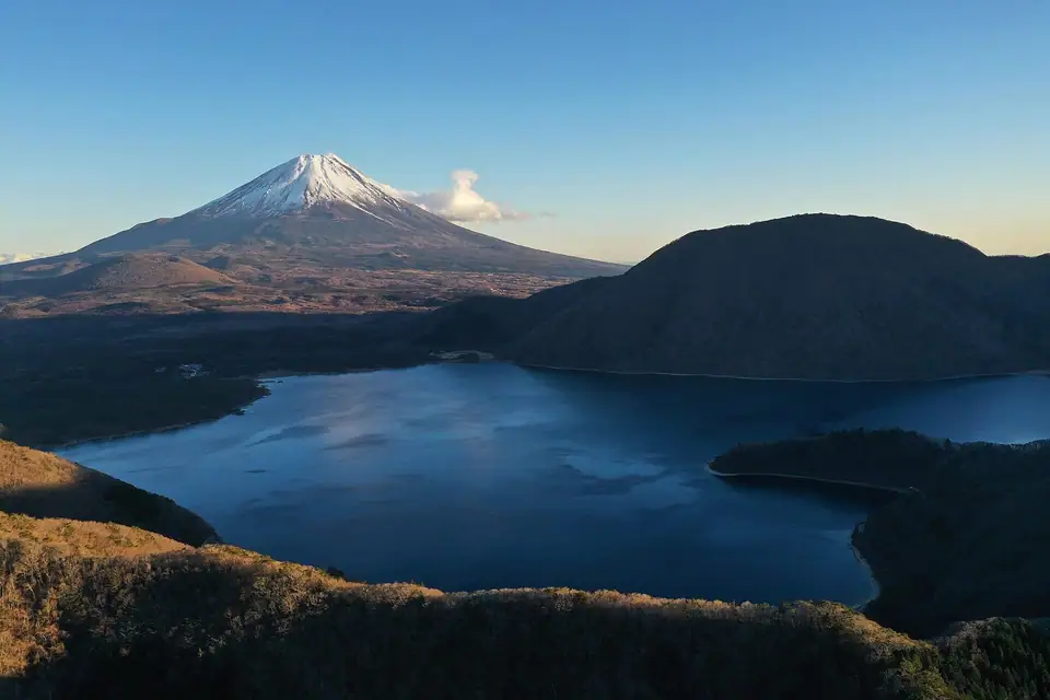 Snow-capped Mt. Fuji above lakes and mountains, Kanagawa & Yamanashi